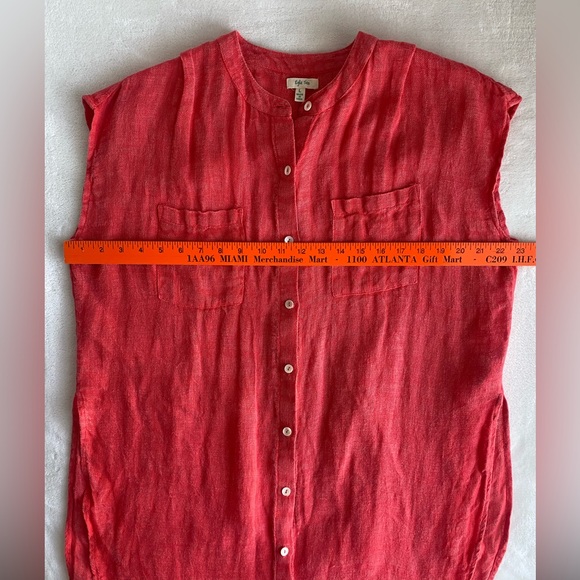 Kyla Seo 100% Linen Button Down Sleeveless Top Orange Red Large Back Embroidery‎ - Picture 6 of 10